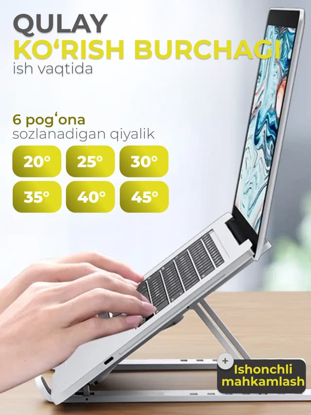 Noutbuk va planshet uchun moslama. Buklanadigan, sozlanadigan, sovutuvchi